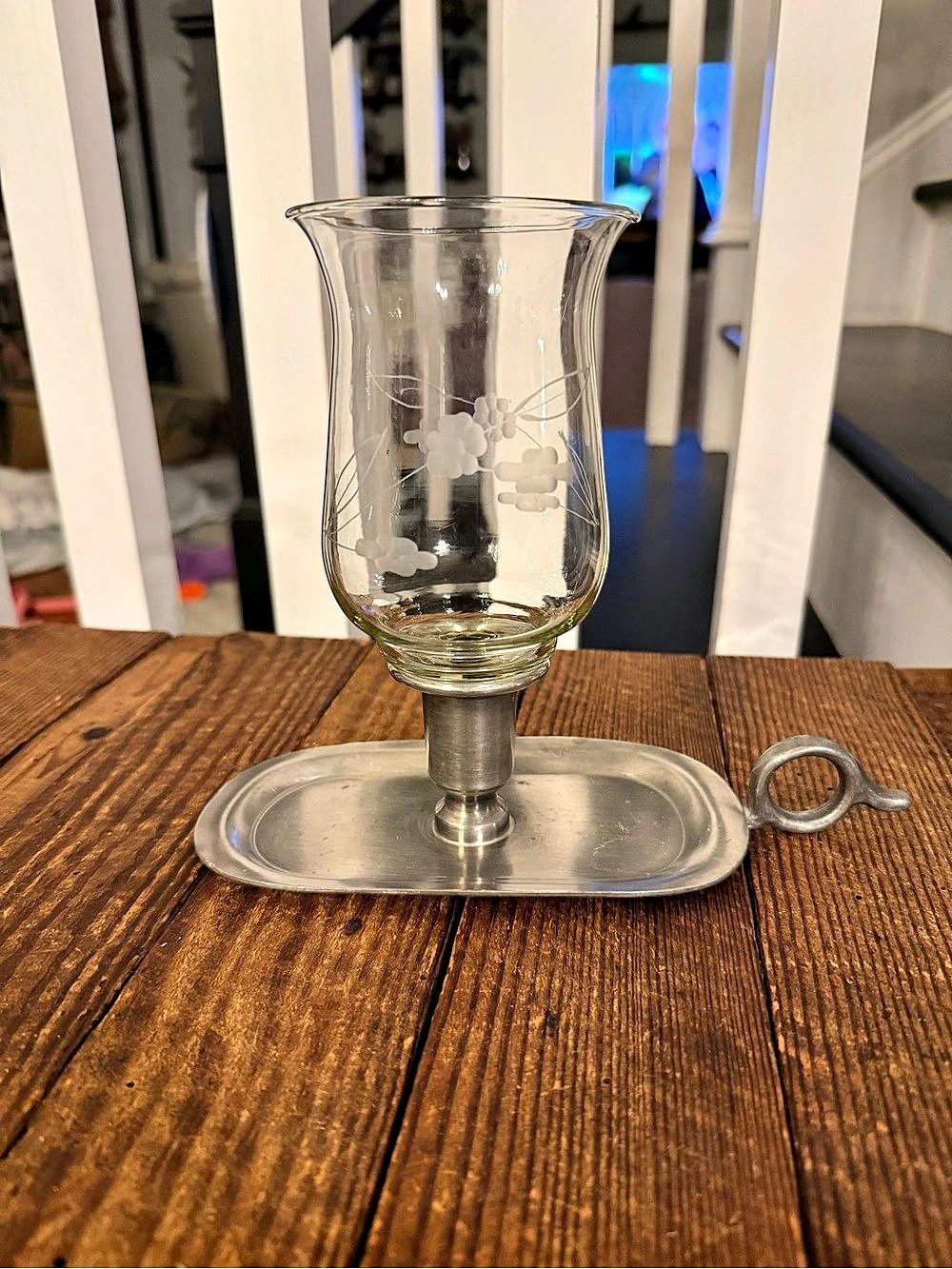 Vintage pewter chamberstick/finger lamp with an etched glass hurricane shade